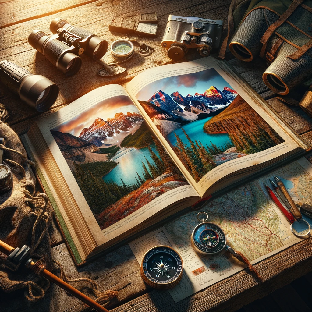 Open book on a rustic wooden table surrounded by hiking gear, showcasing Lonely Planet Banff, Jasper & Glacier National Parks