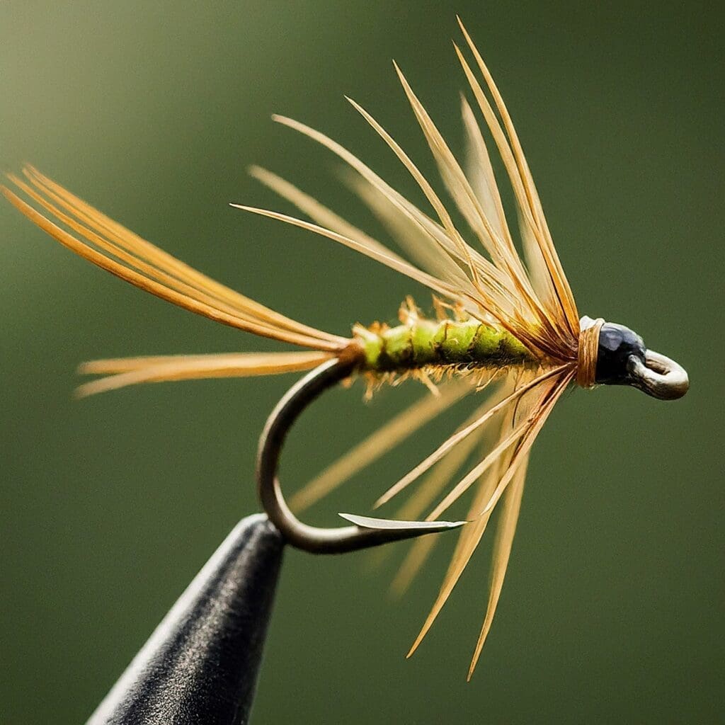 An emerger artificial fly, with a brown body and grey wings, mimics an insect's transition in fly fishing.