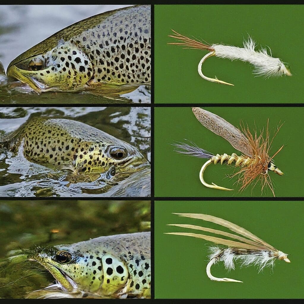 Three #8-12 Skwala Stonefly fly patterns for Spring on the Bow River Hatch Chart show trout frenzy.