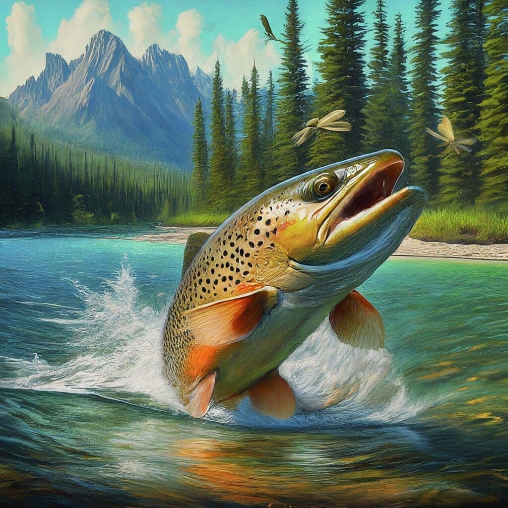 Bow River alive in summer, showcasing a brown trout feasting on Golden Stoneflies, guided by the Hatch Chart.