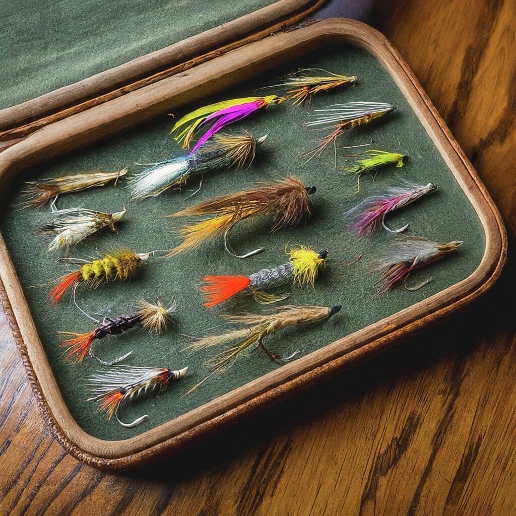 Top 10 streamer flies for trout displayed in a leather box on a wooden table. Shop now for success.