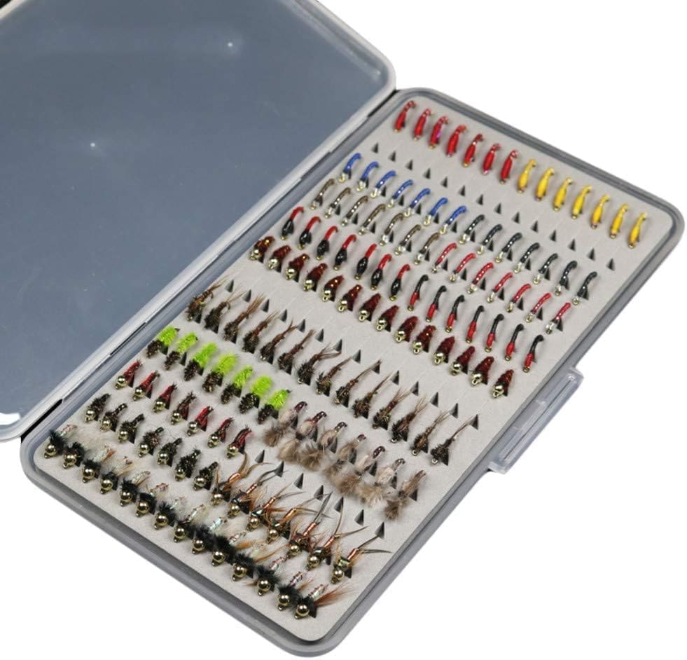 Nymph fly fishing kit with 133 ultra-thin, portable scuds and midges in a box. Enhance your fishing game now.