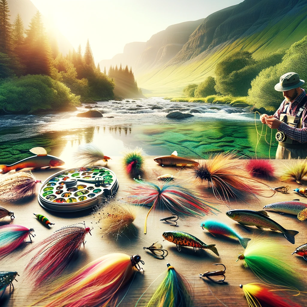Fisherman tying a fly, with assorted Fly Patterns for Trout, by a serene river.