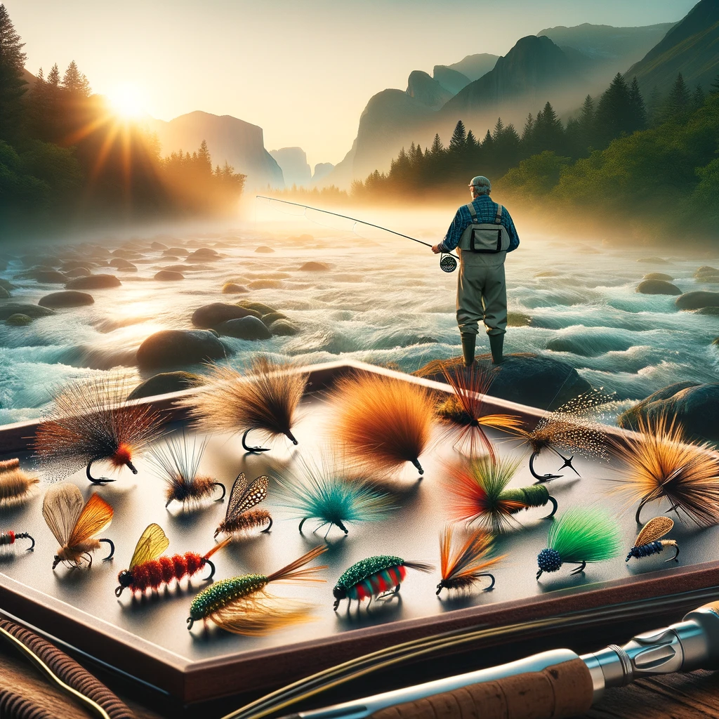 Fly patterns are displayed on a serene riverbank at sunrise, highlighting the art of fly fishing and the natural beauty of the angling environment.