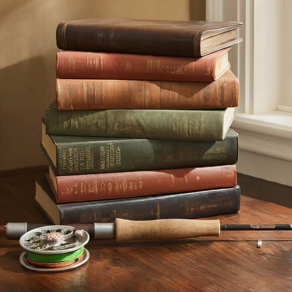 Fly fishing-themed books on a table, hinting at complete guides for techniques and gear through imagery.