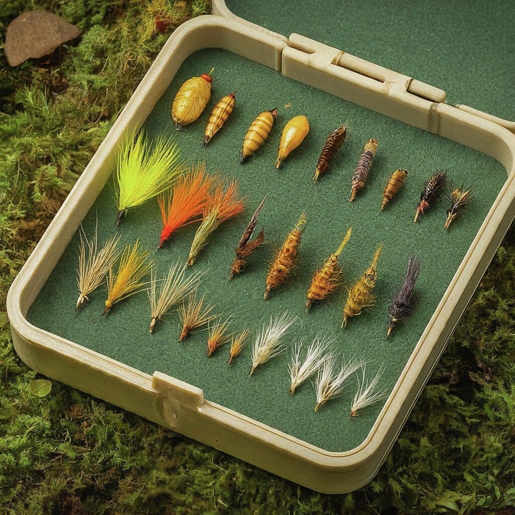 An assortment of mayfly pupa fly patterns in light cream, olive, and brown are neatly arranged in a fly case.