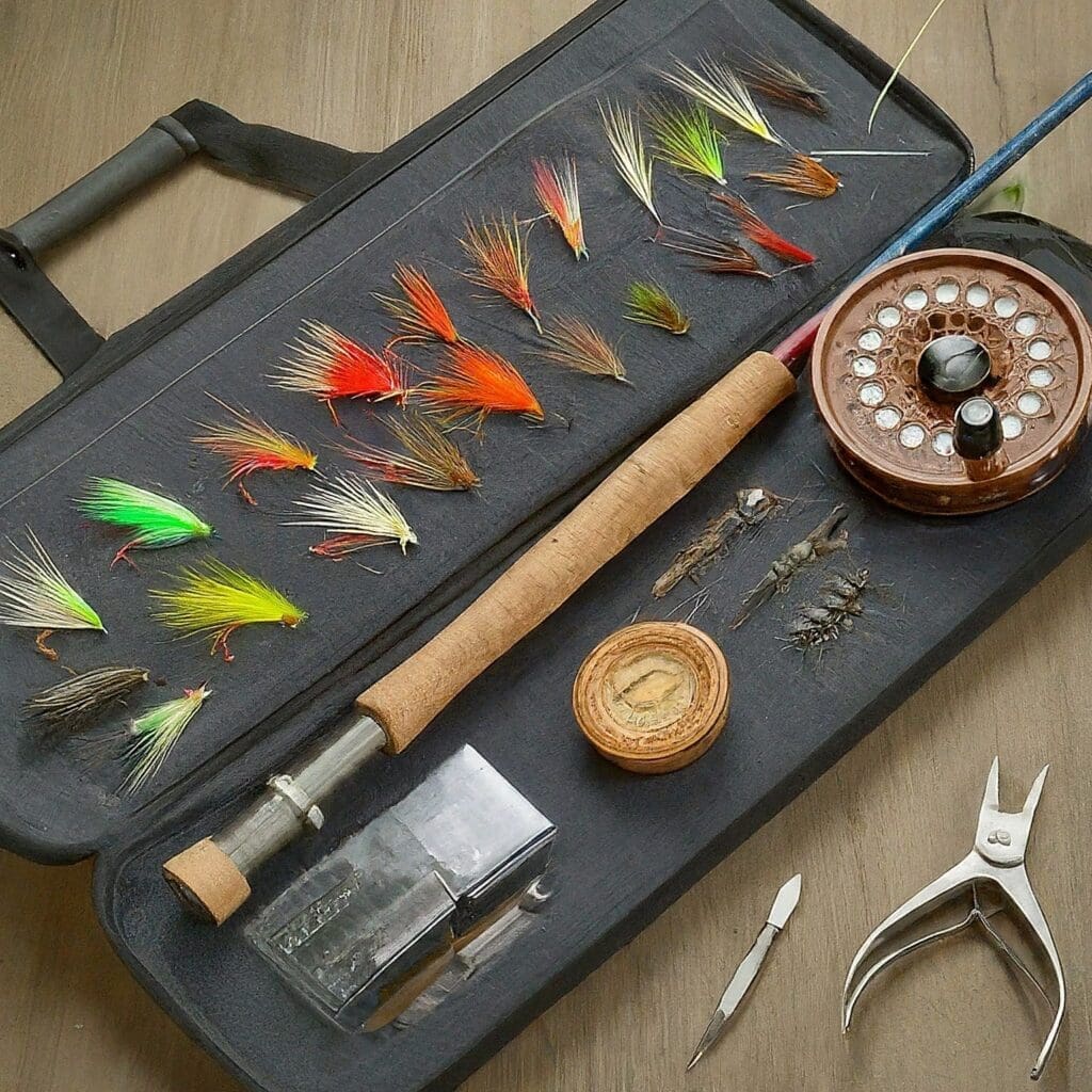 The fly size chart displays an image of a fly fishing starter kit with lures, so you won't need to know what flies to use.