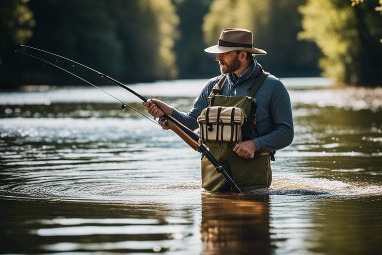 Fly fisherman in gear waist-deep in a fast river, showcasing fly fishing 101 essentials.