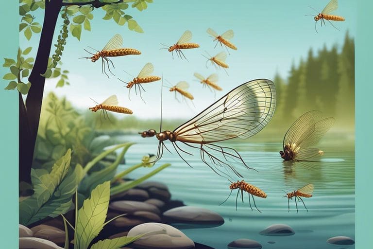 Mayflies fluttering over riverbank vegetation with a serene river flowing in the background.