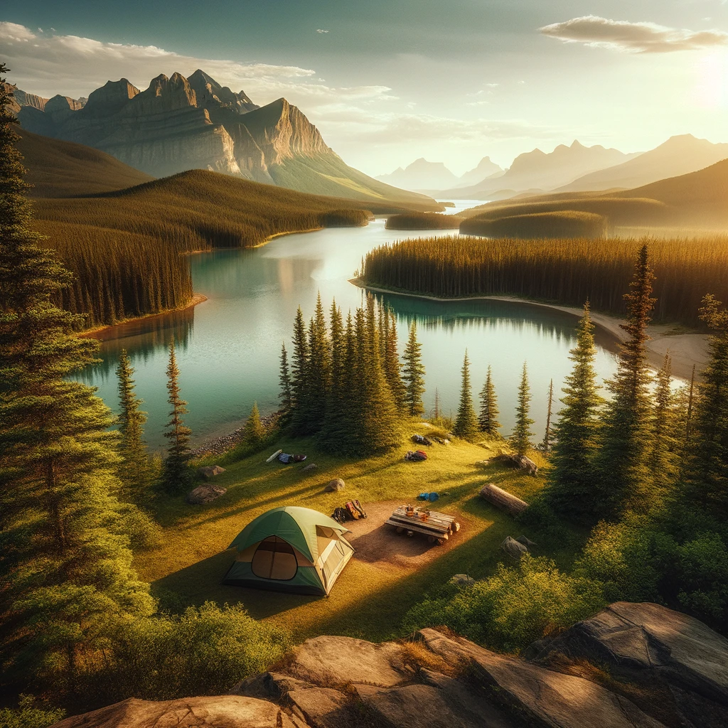 A serene campsite in a lush wilderness showcasing the joy of camping on crown land in Alberta.