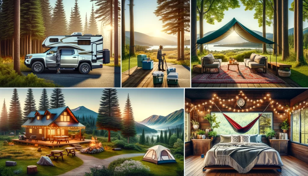 Varied camping styles: car camping, backyard, RV, glamping, and hammock set up in nature.