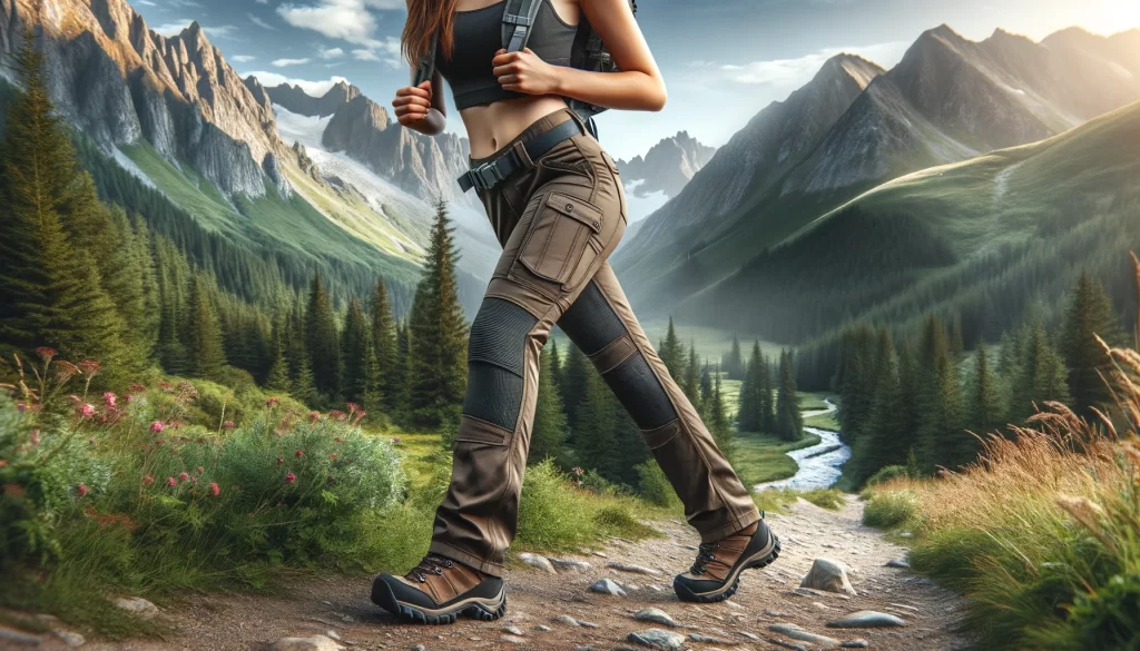 Female hiker camp fits durable pants on a scenic mountain trail, showing mobility.