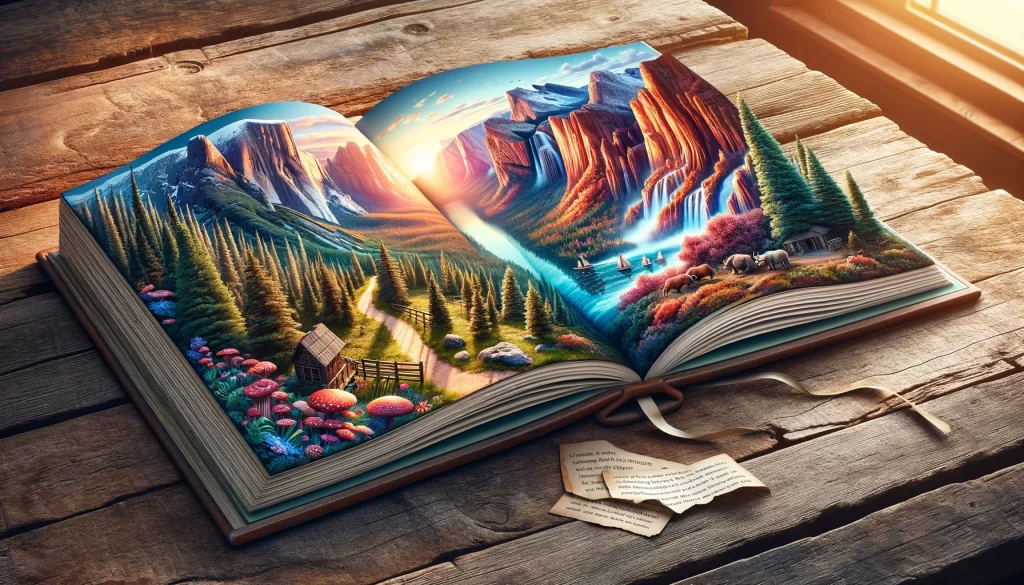 Open book depicting camping in national parks transitioning into vivid 3D landscapes.