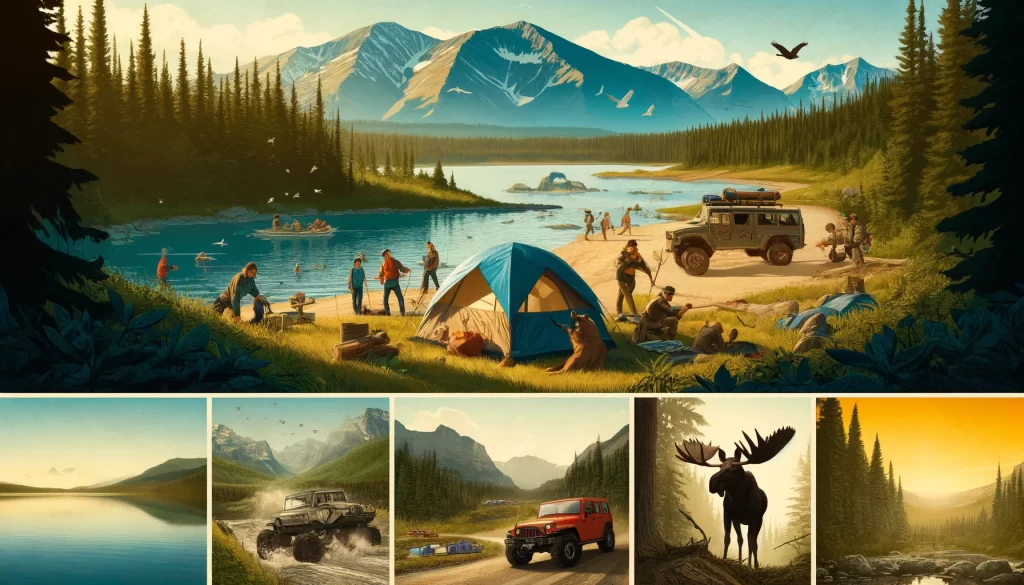 Outdoor activities on Alberta Public Land: camping, hiking, off-roading, and wildlife amidst stunning landscapes.
