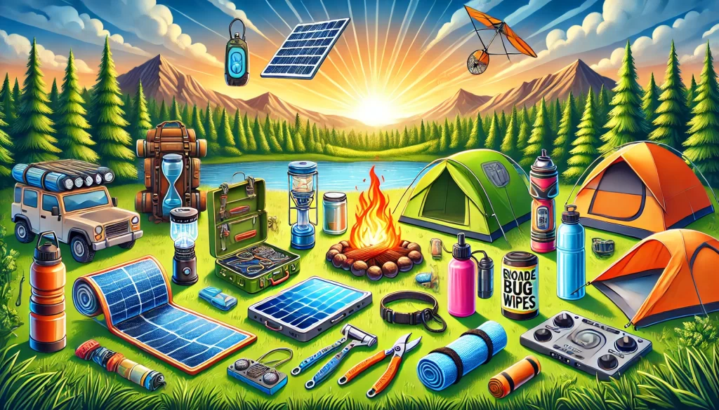 Scenic campsite with must have camping gadgets, including a solar charger, stove, hammock, and lantern.