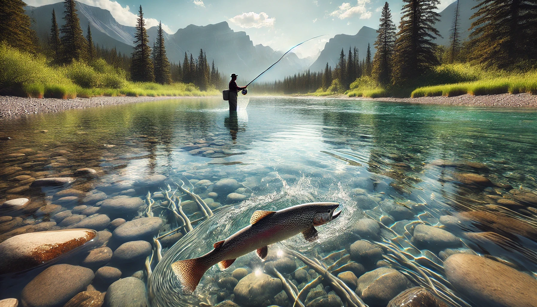Highwood River fishing: Clear water, jumping trout, lush greenery, and majestic Rocky Mountains