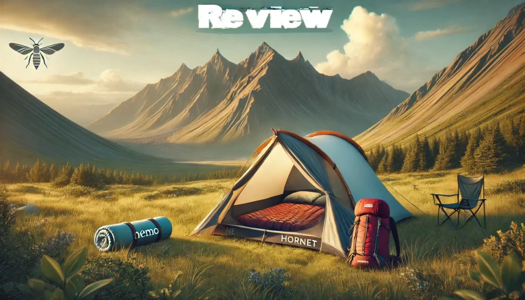 Lightweight Nemo Hornet tent pitched on a grassy campsite with scenic mountain background.