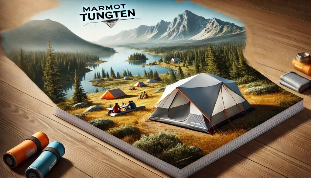 Marmot Tungsten tent set up in a scenic outdoor setting with mountains, forest, and lake.