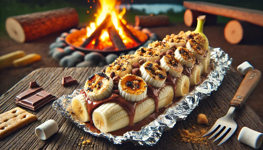 Close-up of cooked Camping Desserts: Campfire Banana Boats with melted marshmallows and chocolate chips.