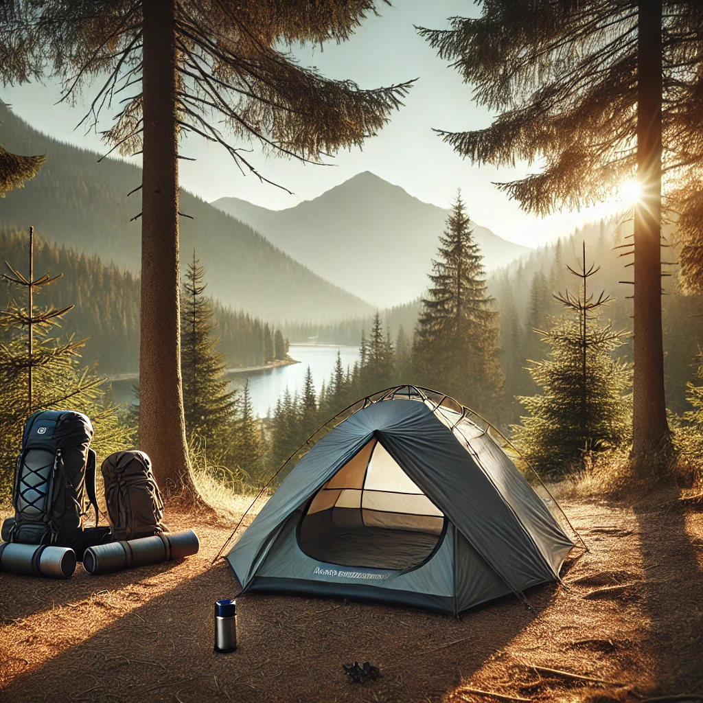 Backpacking tent set up in a peaceful wilderness surrounded by mountains and trees.