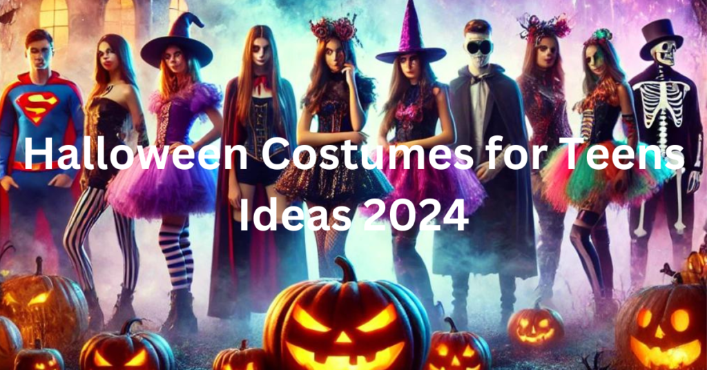 Teens dressed in spooky and creative halloween costumes for teens, with a haunted backdrop.