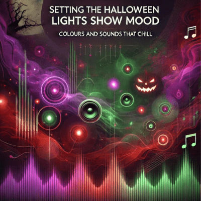 Abstract Halloween lights and sound effects in eerie colors of purple, green, and red.