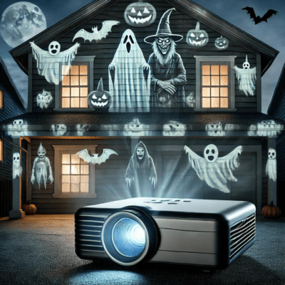 High-tech Halloween decorations with projector displaying ghosts, witches, and jack-o'-lanterns on house.