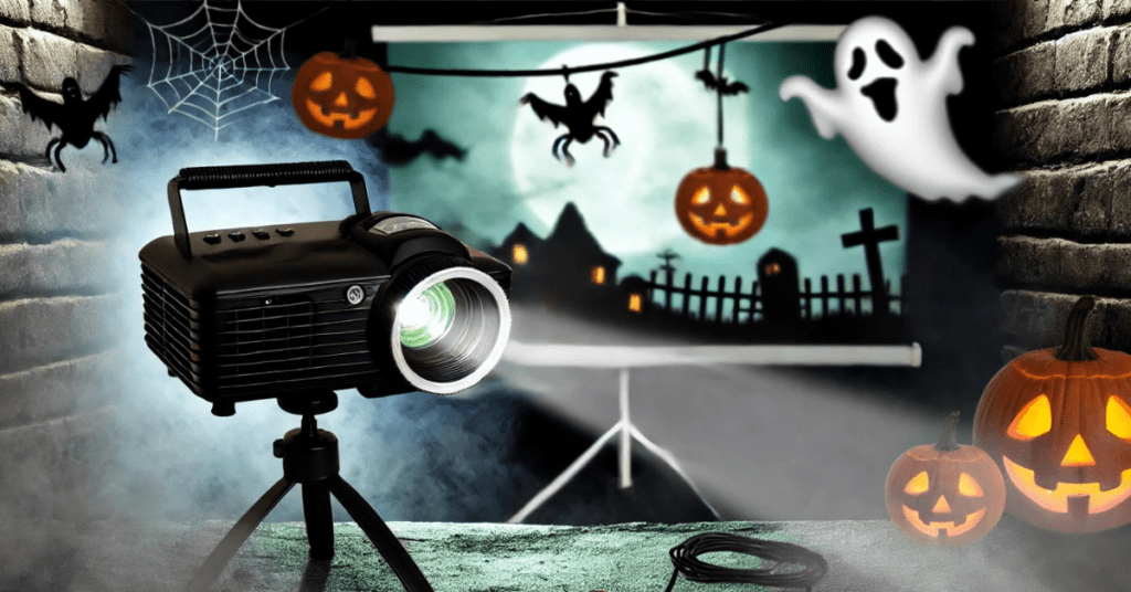 Halloween projector setup projecting spooky ghosts and pumpkins onto a wall with eerie decorations.