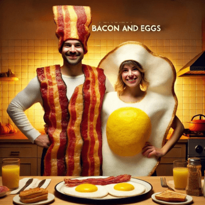 Couple dressed as bacon and eggs in a Pinterest Couples Halloween Costumes theme.