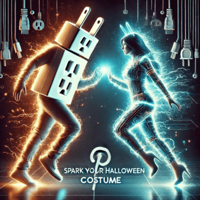 Couple dressed as plug and outlet in electrifying Pinterest Couples Halloween Costumes theme.