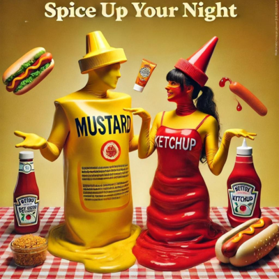 Couple dressed as mustard and ketchup in a fun, playful Halloween costume scene.