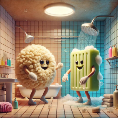 Couple dressed as loofah and soap in a playful bathroom-themed costume setting.