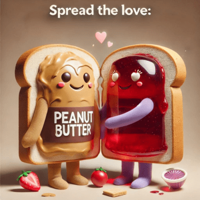 Couple dressed as peanut butter and jelly in a fun, playful Halloween costume.