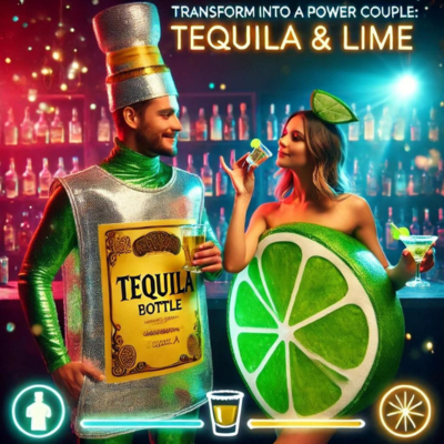 Couple dressed as tequila bottle and lime in Pinterest Couples Halloween Costumes theme.