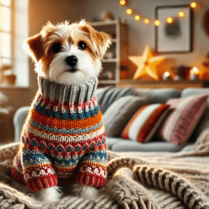 Small dog in a cozy, colourful crochet dog sweater on a warm winter morning.