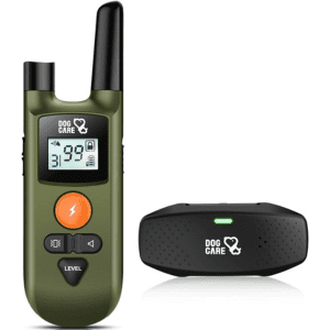 DogCare training collar with green remote control and black waterproof collar for dog training.