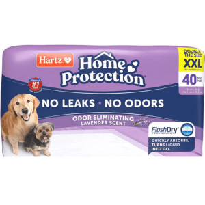 Hartz Home Protection lavender-scented puppy training pads, featuring no-leak and odor-eliminating technology.