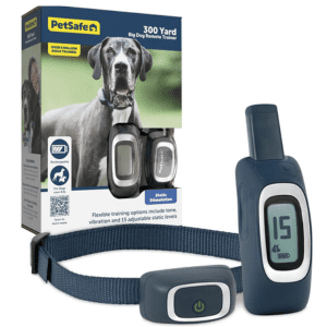 PetSafe 300 Yard Remote Trainer with blue remote control and adjustable dog training collar.