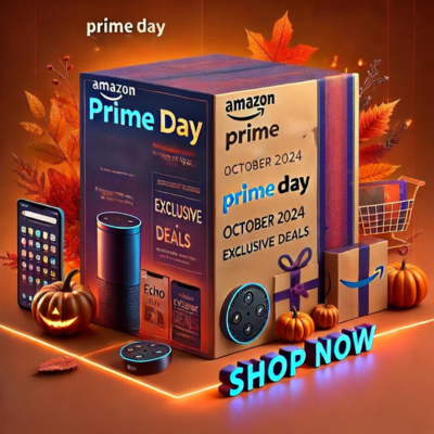 Amazon Prime Day October 2024 promotional banner with autumn colors and Amazon devices.