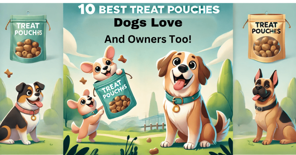 Happy dog excitedly looking at best treat pouches dogs love in a park setting.