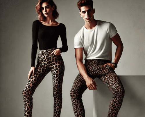 His and hers leopard print jeans styled with neutral tops and minimal accessories.