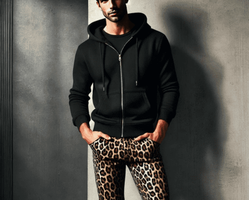 Man in mens leopard print jeans, styled with a black hoodie and white sneakers.