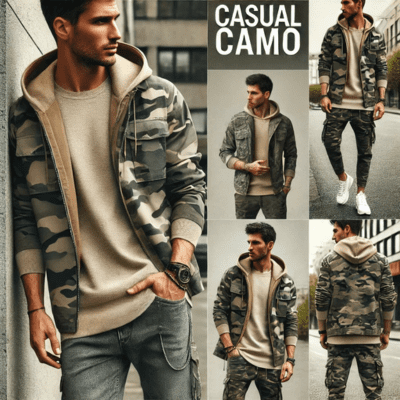 Modern mens camouflage outfits showcasing casual urban style with fashion-forward accessories.