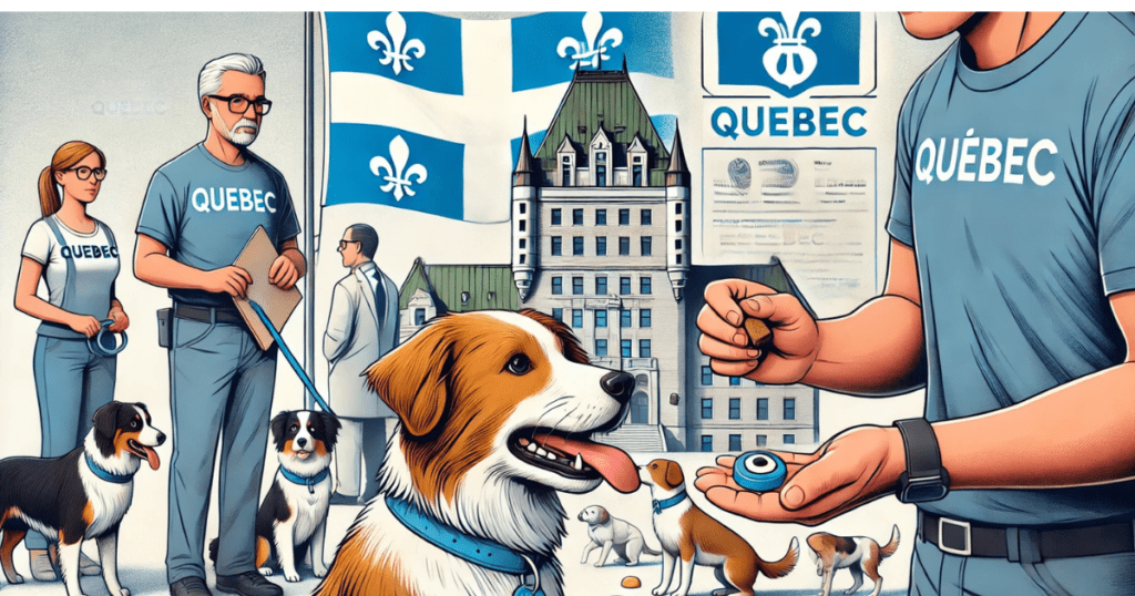 A serene Quebec backdrop featuring natural elements and symbols of the province, perfect for promoting mandatory professional dog trainers in Quebec registration and positive reinforcement practices.