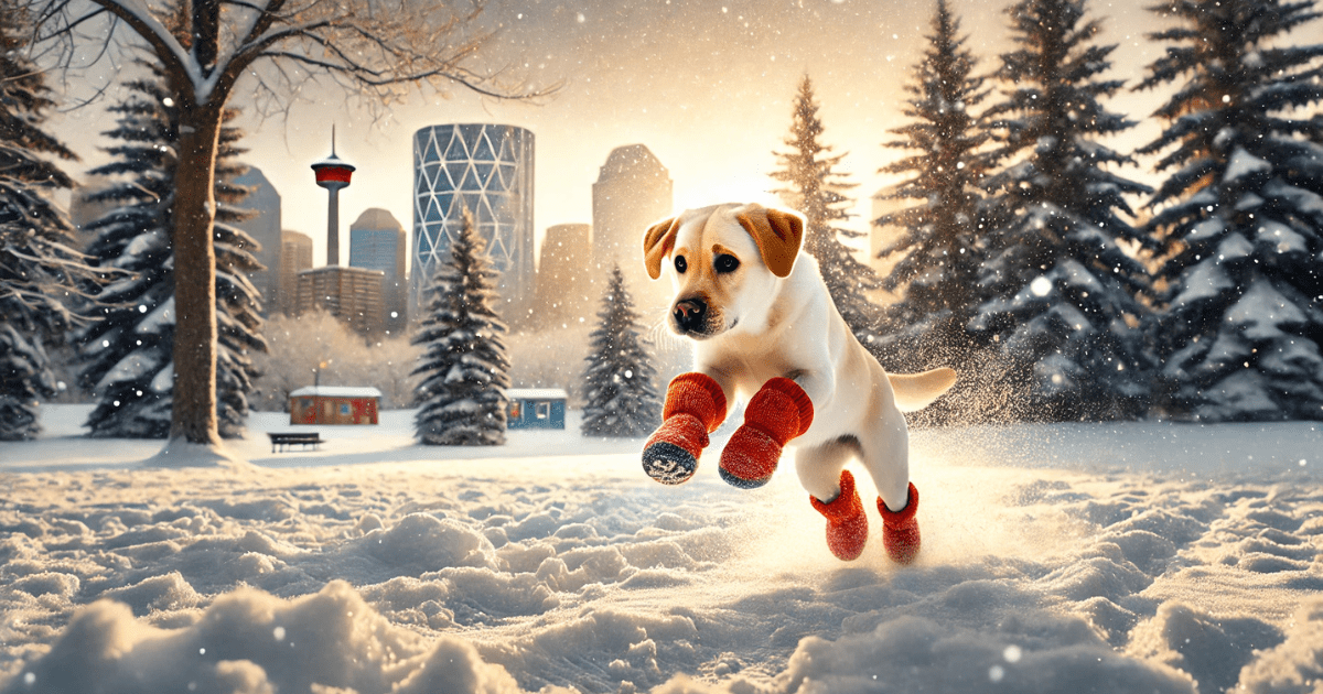 Playful Labrador wearing bright orange best dog boots for winter in snowy Calgary park landscape.