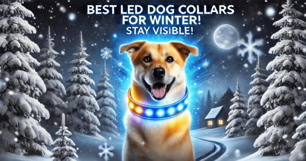 Dog wearing and representing best LED dog collars for winter
 on a snowy night for safety and visibility.